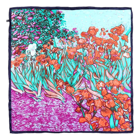 Yangtze Store Large Square Silk Scarf 36"x36" Green and Red Van Gogh Painting Irises SZD064