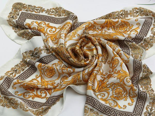 Large Square Silk Scarf 36x36 (90x90cm) White and Gold Theme SZD011