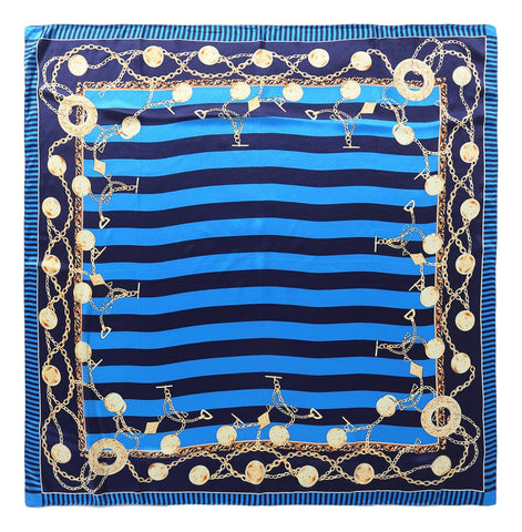 Yangtze Store Large Square Silk Scarf Blue Color Stripes and Links Print SZD082
