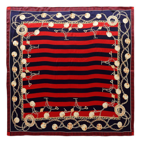 Yangtze Store Large Square Silk Scarf Red and Navy Stripes and Links Print SZD081