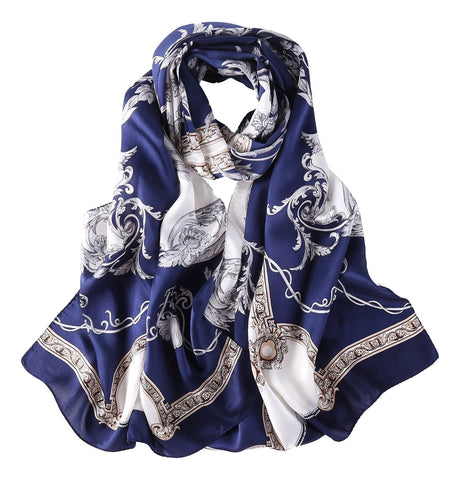 Yangtze Store Long Charmeuse Satin Silk Scarf Navy Blue Links and Belts Print LZD025