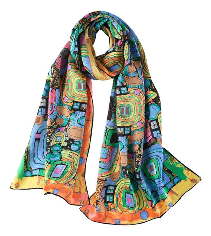 Yangtze Store Long Charmeuse Satin Silk Scarf with Classic Painting Print LZD106