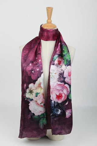 Yangtze Store Long Charmeuse Silk Scarf Burgundy Theme Flower Pattern Digitally Printed DCC004