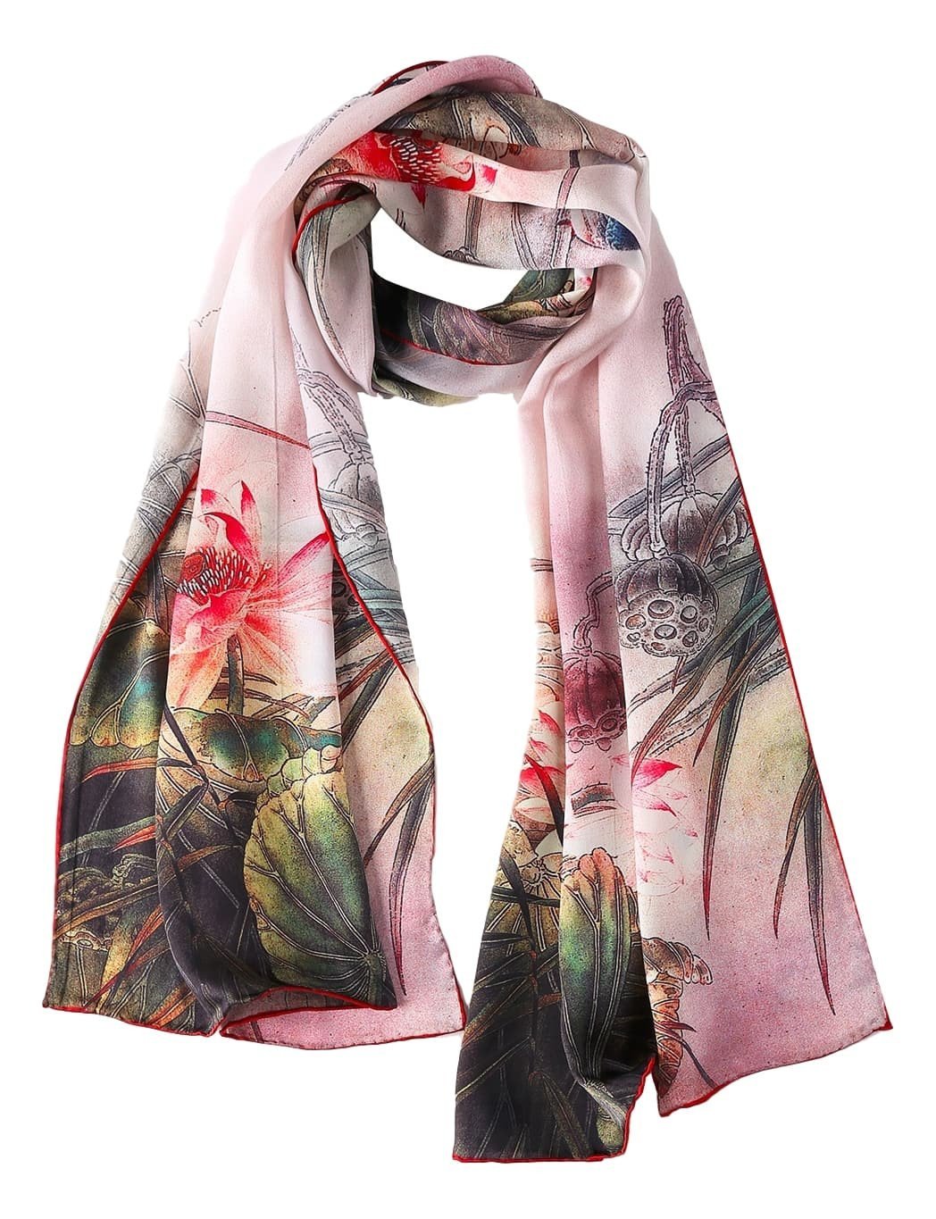 Long Scarf Silk Charmeuse or Silk Habotai, Grey Silk Scarf Birds, Flowers