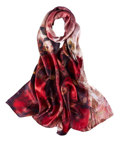 Long Charmeuse Silk Scarf Red Theme Rose Print DCC205