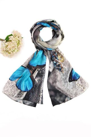 Yangtze Store Long Charmeuse Silk Scarf Turquoise and Silver Theme Butterfly Print Digitally Printed DCC043