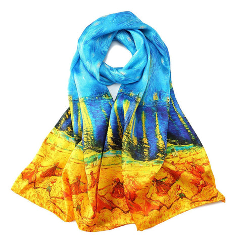 Yangtze Store Long Charmeuse Silk Scarf with Classic Painting Blue and Gold LZD112