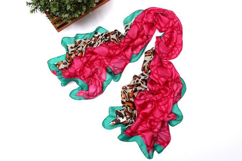 Yangtze Store Long Chiffon Scarf Turquoise and Pink Theme Leopard Print CHL115