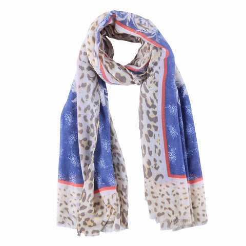 Yangtze Store Long Cotton Scarf Blue Theme Leopard Print COT811