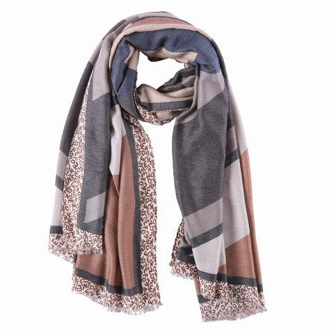 Yangtze Store Long Cotton Scarf Brown and Gray Abstract Print COT909