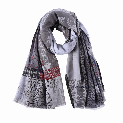 Yangtze Store Long Cotton Scarf Gray Theme Floral Print COT911