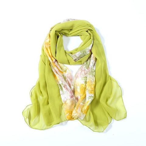 Yangtze Store Long Polyester Burned-Out Satin Scarf Green Theme Floral Print LHL002