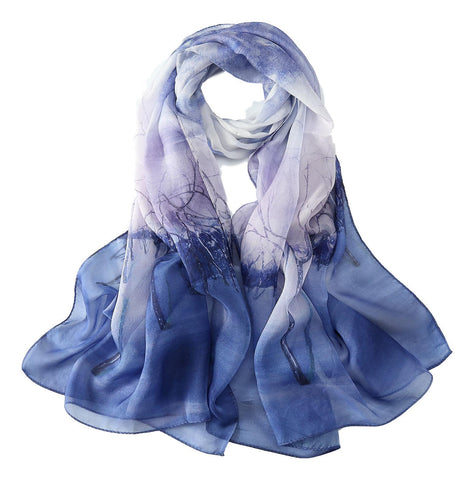 Yangtze Store Long Silk Chiffon Scarf Blue Theme Floral Print SCH301