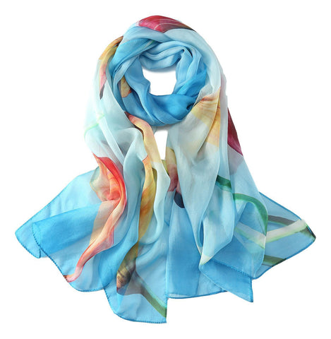 Yangtze Store Long Silk Chiffon Scarf Blue Theme Floral Print SCH312