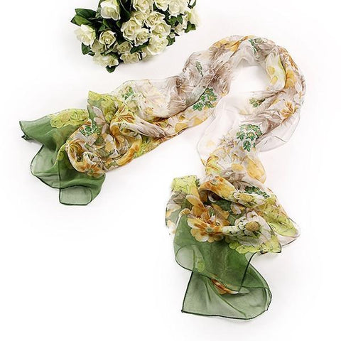 Yangtze Store Long Silk Chiffon Scarf Green Theme Floral Print SCH040