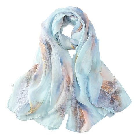 Yangtze Store Long Silk Chiffon Scarf Light Blue Theme Floral Print SCH314