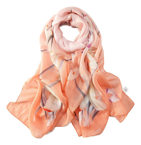 Yangtze Store Long Silk Chiffon Scarf Orange Theme Floral Print SCH313