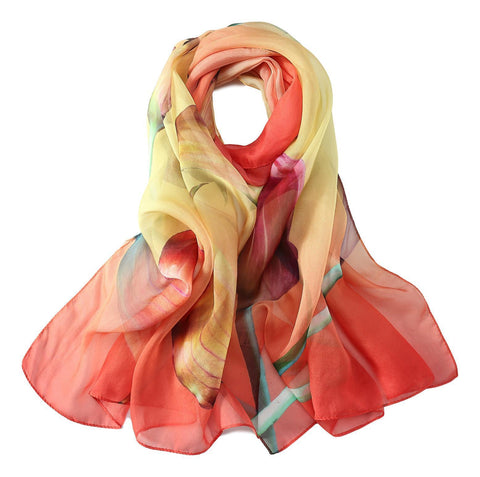 Yangtze Store Long Silk Chiffon Scarf Red and Yellow Floral Print SCH315