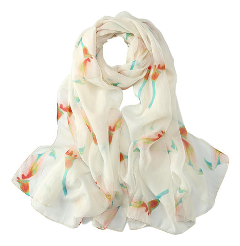 Yangtze Store Long Silk Chiffon Scarf White Theme Floral Print SCH311