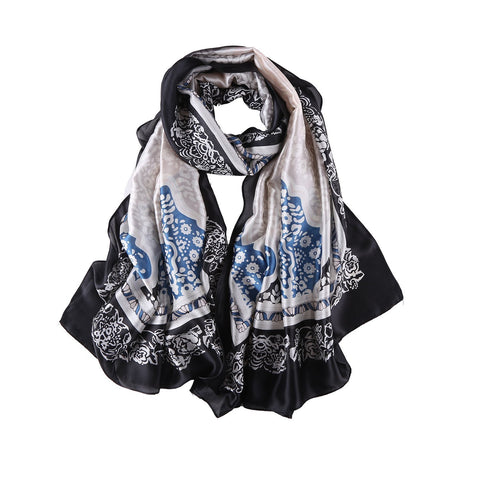 Yangtze Store Long Silk Feel Satin Scarf Black Theme Abstract Print LAT124