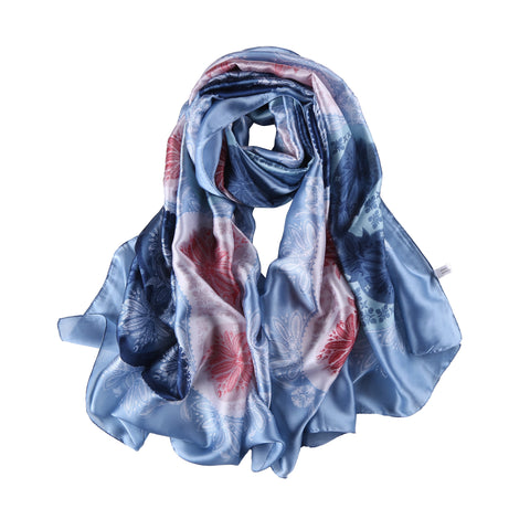 Yangtze Store Long Silk Feel Satin Scarf Blue Theme Floral Print LAT103