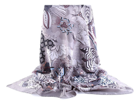 Yangtze Store Long Silk Feel Satin Scarf Gray Theme Floral Print LAT129