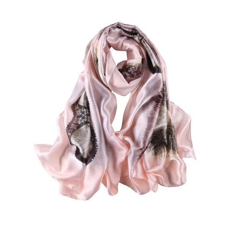 Yangtze Store Long Silk Feel Satin Scarf Light Pink Theme Floral Print LAT104