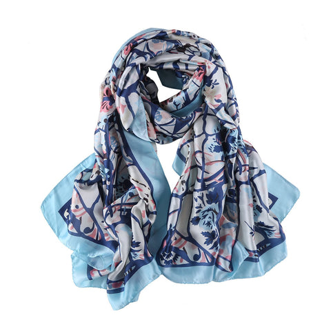 Yangtze Store Long Silk Feel Satin Scarf Pink and Blue Theme Floral Print LAT109