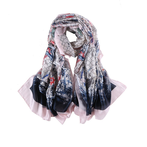 Yangtze Store Long Silk Feel Satin Scarf Pink and Navy Theme Floral Print LAT108