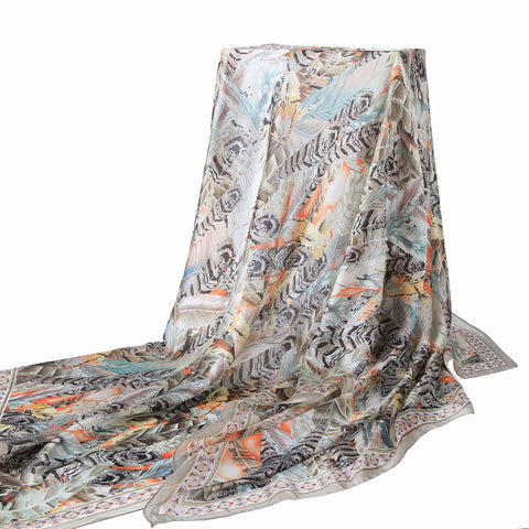 Yangtze Store Long Silk Feel Satin Scarf Silver and Orange Feathers Print LAT111