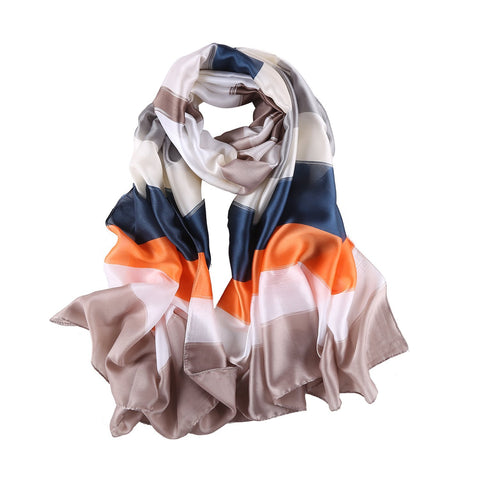 Yangtze Store Long Silk Feel Satin Scarf Silver Theme Striped Print LAT119