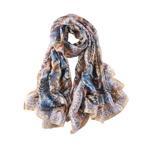 Yangtze Store Long Silk Feel Satin Scarf Taupe and Blue Feathers Print LAT112
