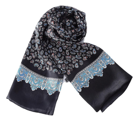 Yangtze Store Long Silk Scarf for Men Black Theme Paisley Print SFM034