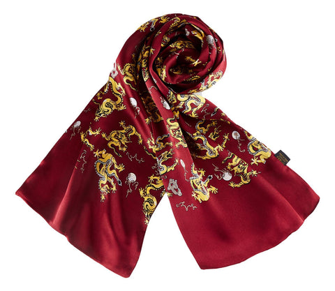 Long Silk Scarf for Men Maroon Theme Dragon Print SFM041