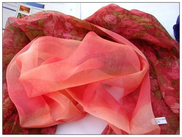 Yangtze Store Long Silk Scarf Georgette Pink Theme Floral Print QQL014