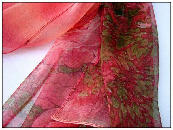 Yangtze Store Long Silk Scarf Georgette Pink Theme Floral Print QQL014