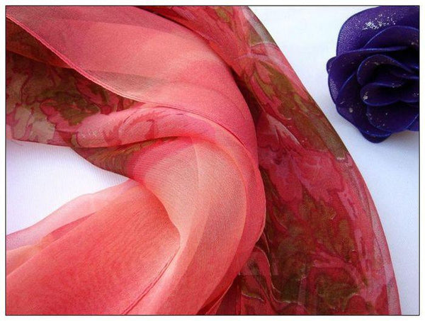 Yangtze Store Long Silk Scarf Georgette Pink Theme Floral Print QQL014