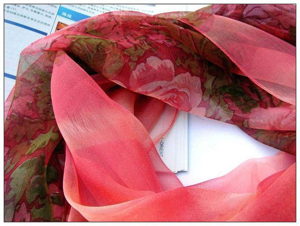 Yangtze Store Long Silk Scarf Georgette Pink Theme Floral Print QQL014
