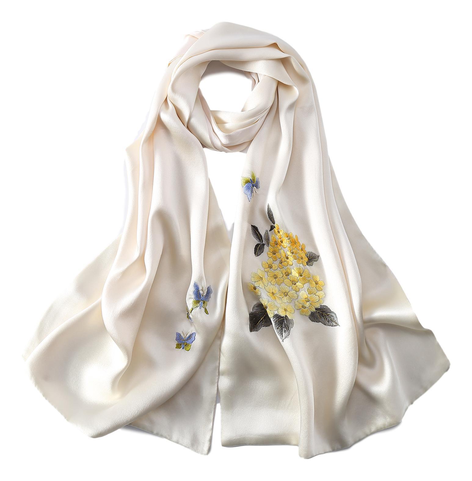 Luxurious Extra Heavy Charmeuse Silk Scarf with Hand Embroidery