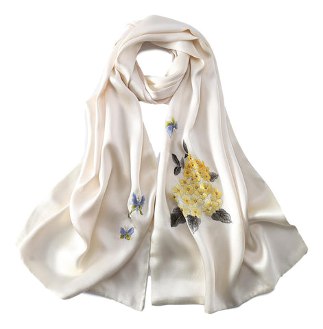 Yangtze Store Luxurious Extra Heavy Charmeuse Silk Scarf with Hand Embroidery Ivory EMB003