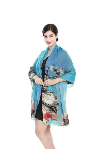 Yangtze Store Luxurious Extra Wide 100% Cashmere Scarf & Wrap Blue Floral Print CSH214