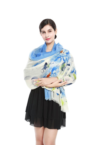 Yangtze Store Luxurious Extra Wide 100% Cashmere Scarf & Wrap Blue Floral Print CSH215