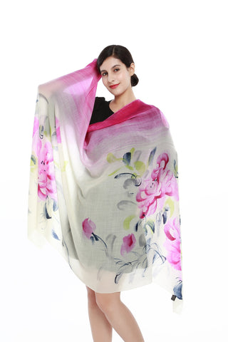 Yangtze Store Luxurious Extra Wide 100% Cashmere Scarf & Wrap Fuchsia Floral Print CSH212