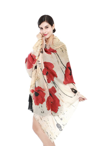 Yangtze Store Luxurious Extra Wide 100% Cashmere Scarf & Wrap Ivory Theme Floral Print CSH218