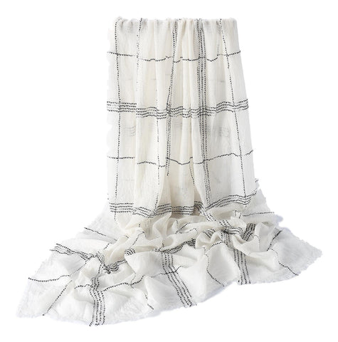 Yangtze Store Luxurious Extra Wide 100% Cashmere Scarf & Wrap White Color Plaid Print CSH231