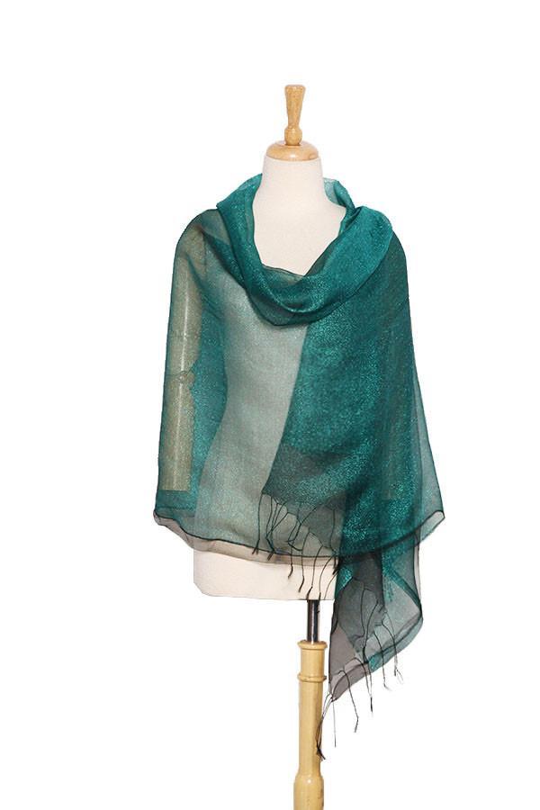 Silk and Viscose Organza Shawl Wrap Scarf Dark Green with Silver Threa –  Yangtze Store