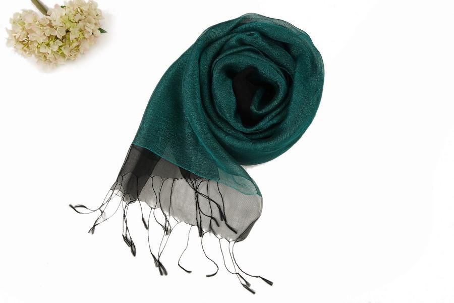 Silk and Viscose Organza Shawl Wrap Scarf Dark Green with Silver Threa ...