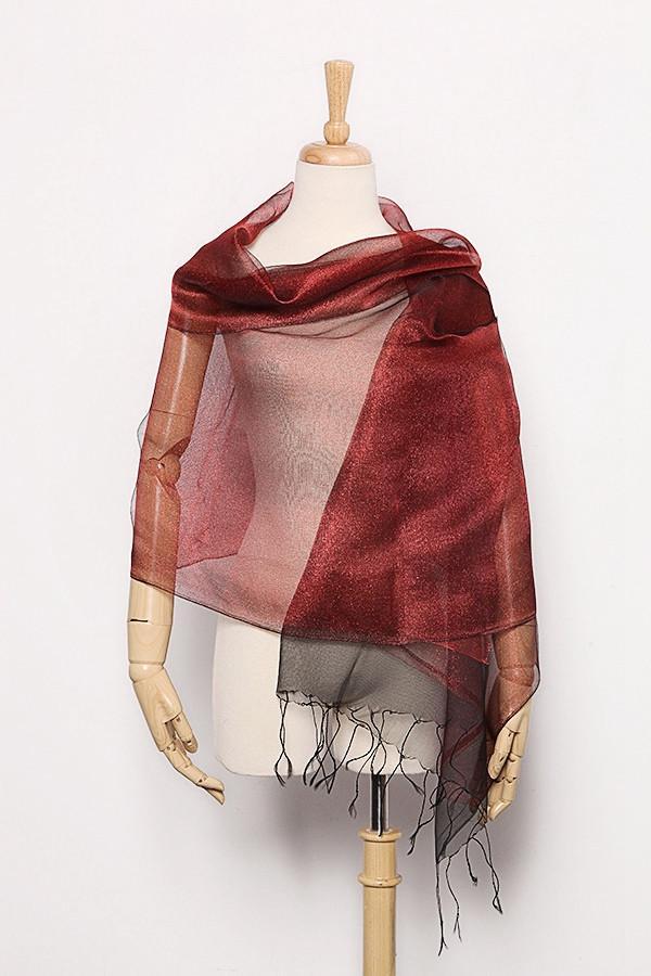 Silk and Viscose Organza Shawl Wrap Scarf Dark Red with Silver Threads COT603