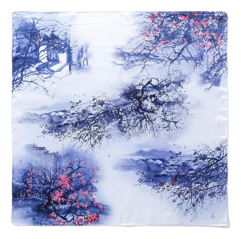 Yangtze Store Silk Neckerchief Small Square Silk Scarf Blue Theme Floral Print XFD202