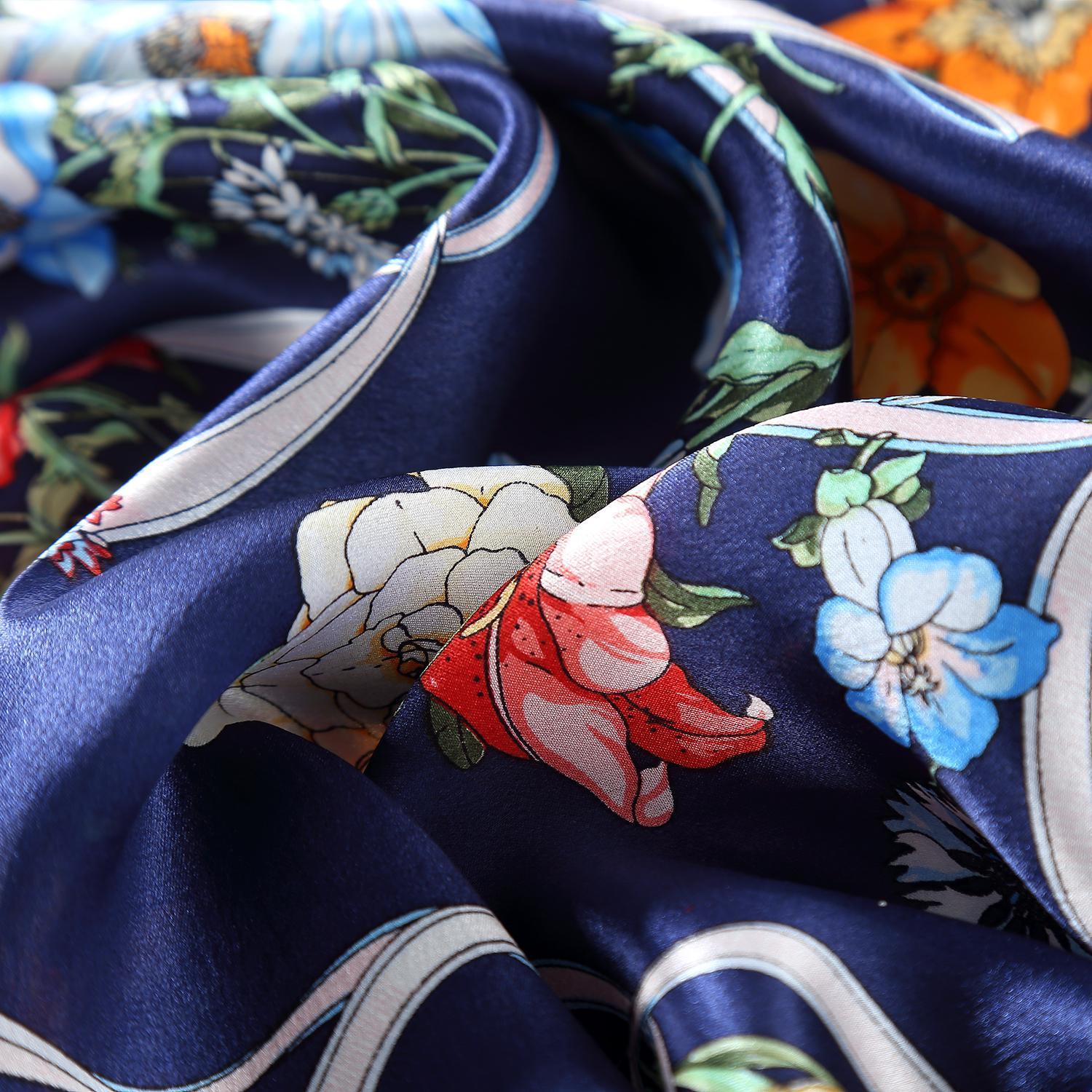 Silk Neckerchief Small Square Silk Scarf Navy Floral Print